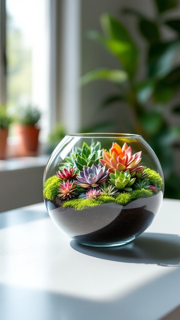 A glass terrarium filled with succulents and moss, placed on a table in a bright office.