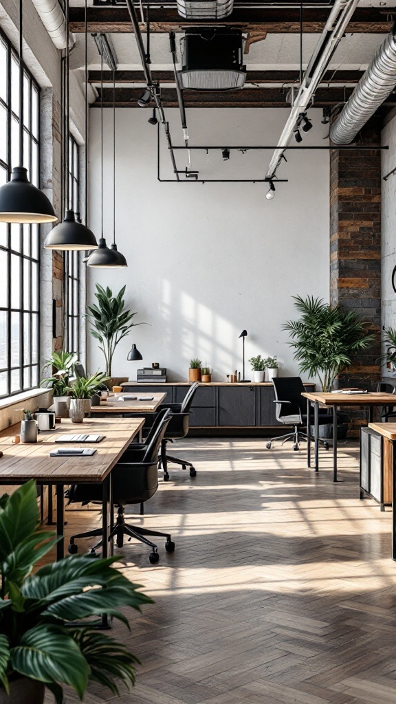 A sleek modern industrial office with reclaimed wood accents.