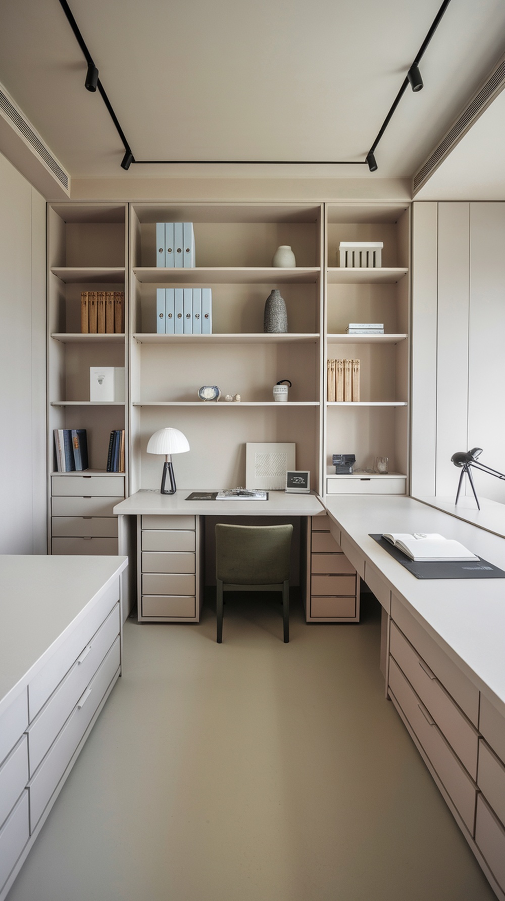 A stylish minimalist office with hidden storage solutions.