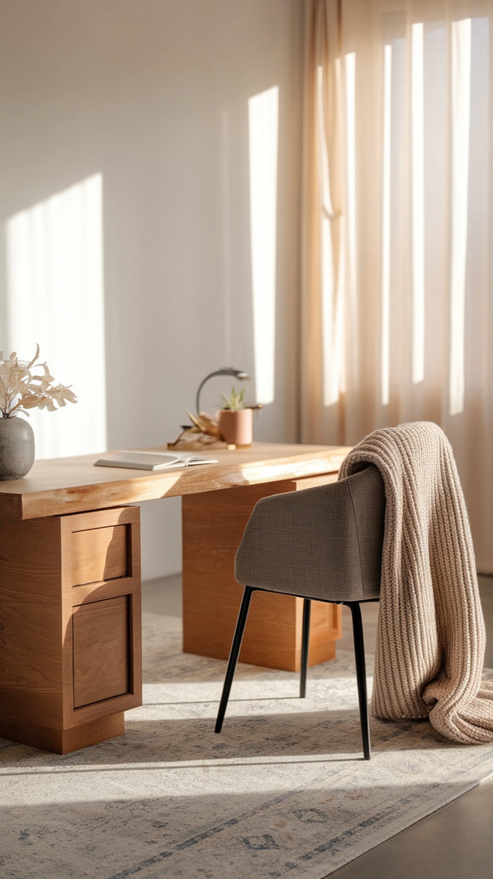 A modern minimalist office setup showcasing a wooden desk, soft blanket, and decorative plants.