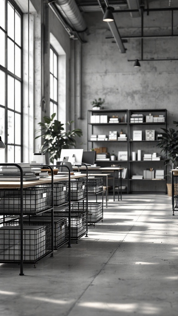 A modern industrial office space featuring wire and mesh storage bins for organization.