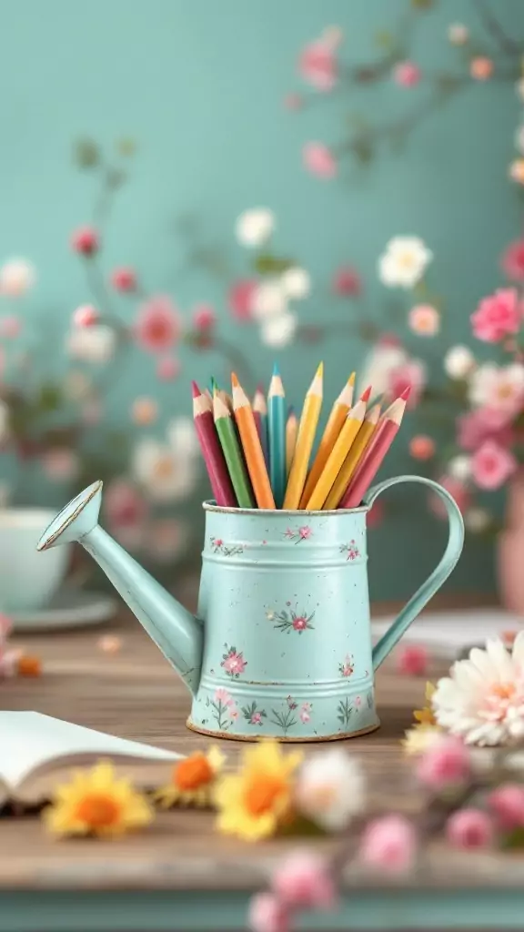 Vintage watering can filled with colorful pencils on a desk with flowers in the background.