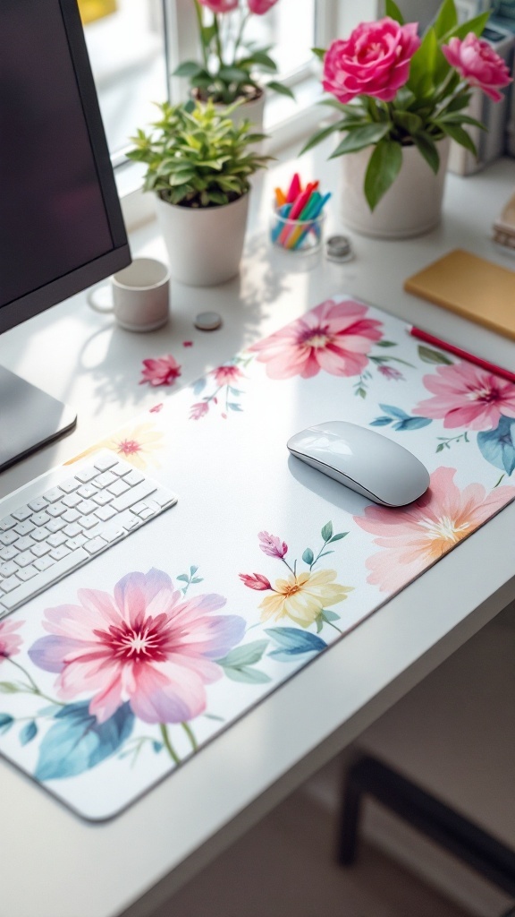 A colorful mousepad with watercolor floral designs next to a computer and fresh flowers on a desk.