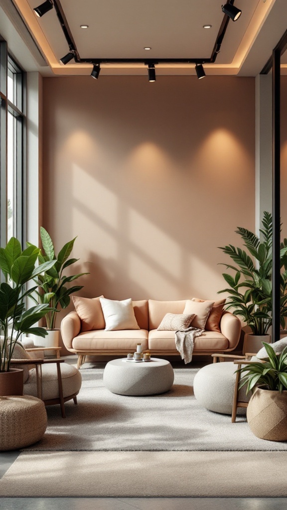 A cozy wellness room featuring a plush sofa, plants, and soft lighting.