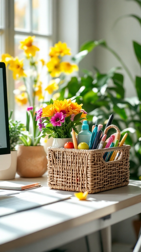 A wicker organizer filled with colorful flowers and pens on a bright office desk
