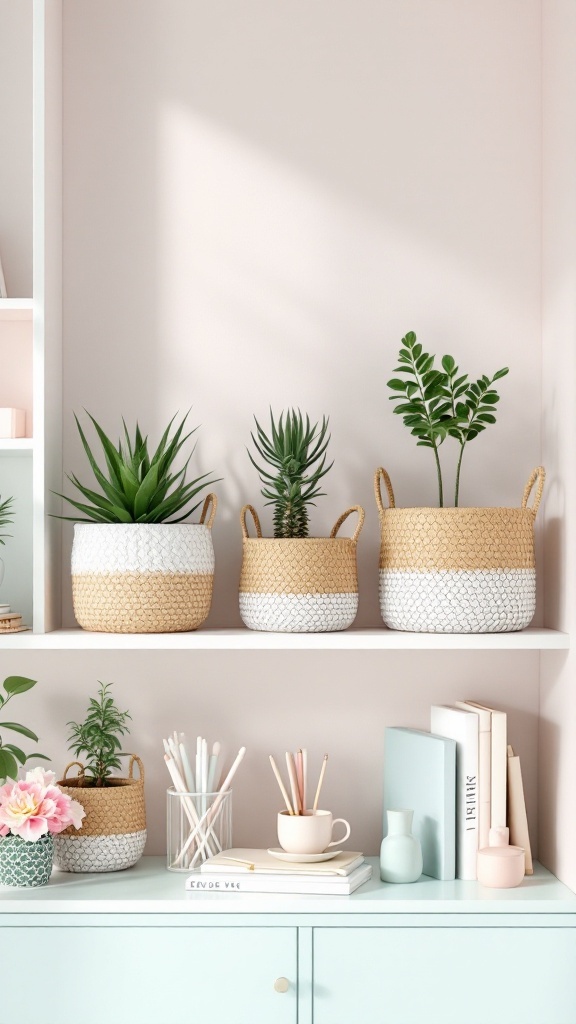 Woven baskets on a shelf with plants and office supplies.