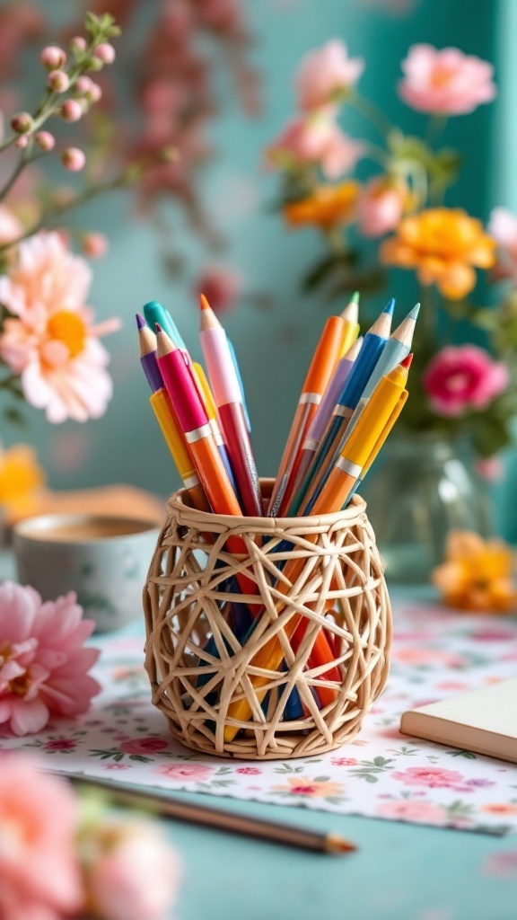 A woven rattan pencil holder filled with colorful pens and pencils, surrounded by spring flowers.