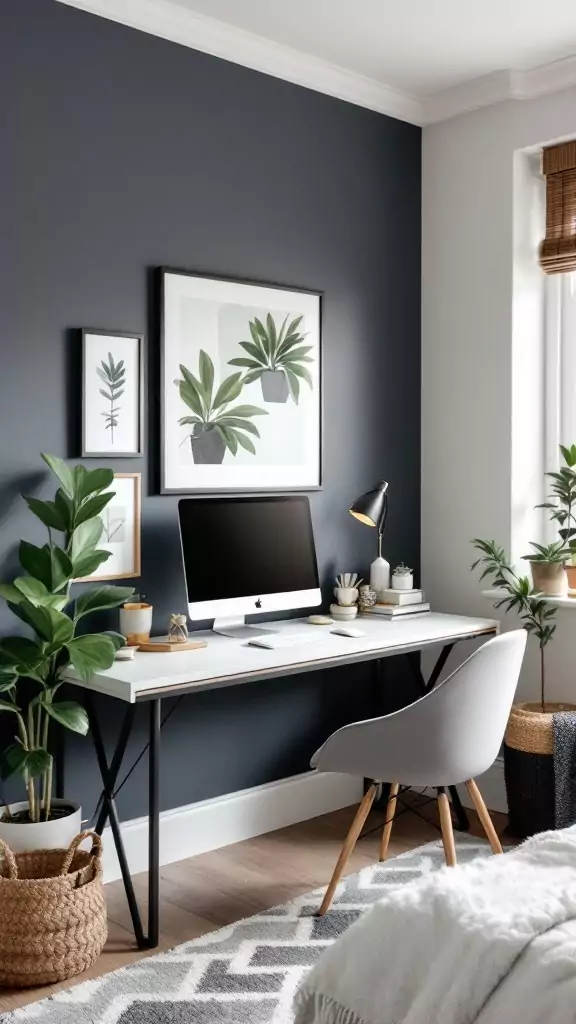 A stylish workspace with an accent wall, featuring a desk, computer, and decorative plants.