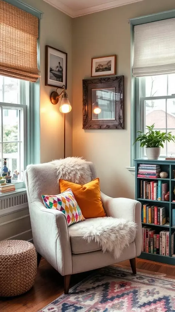 Cozy reading corner with an orange armchair, colorful cushions, and a bookshelf.