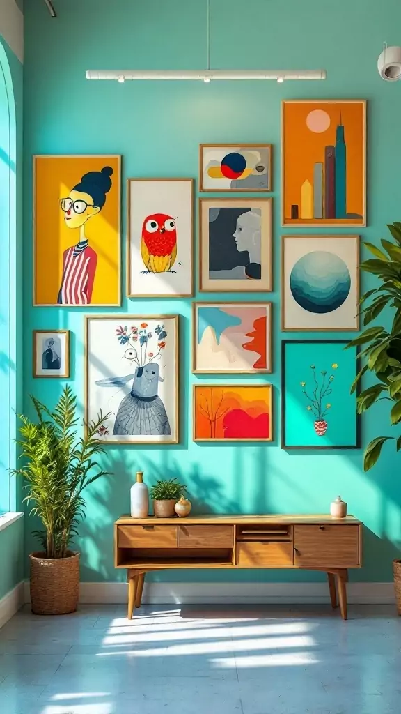 Gallery wall of mismatched art in a vibrant office space