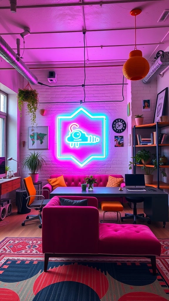 An eclectic home office featuring neon signage, colorful decor, and stylish furniture.