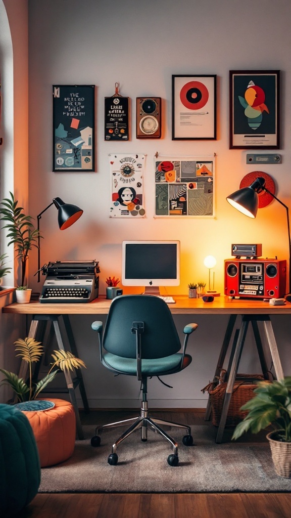 An eclectic office space featuring vintage decor and plants.