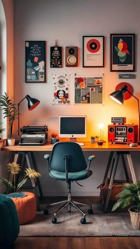 An eclectic office space featuring vintage decor and plants.