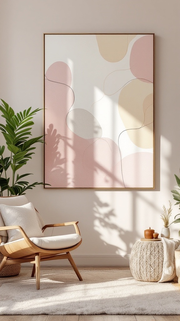 A cozy therapy office with abstract artwork and natural light.
