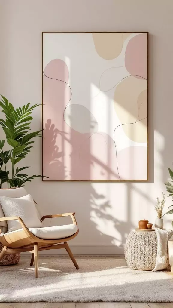 A cozy therapy office with abstract artwork and natural light.
