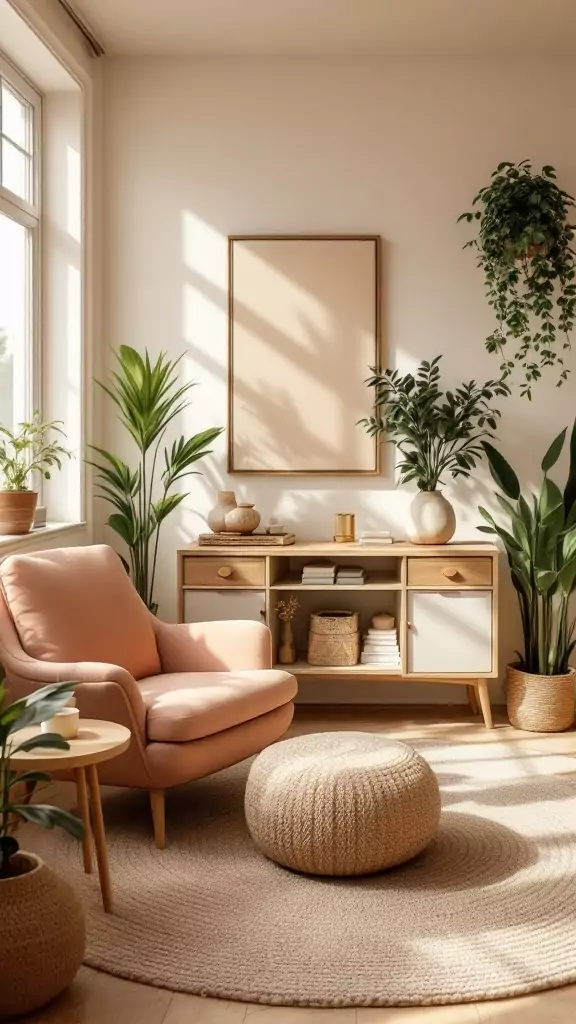 Cozy and calming therapy office with balanced furniture layout, featuring plants and soft colors.