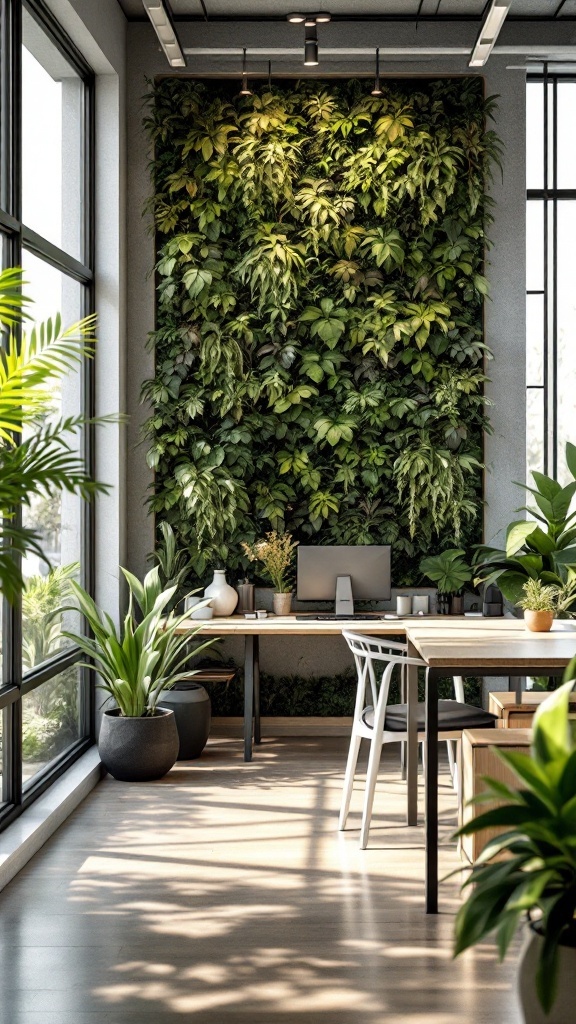 Modern cabin office featuring a vertical green wall and plants.