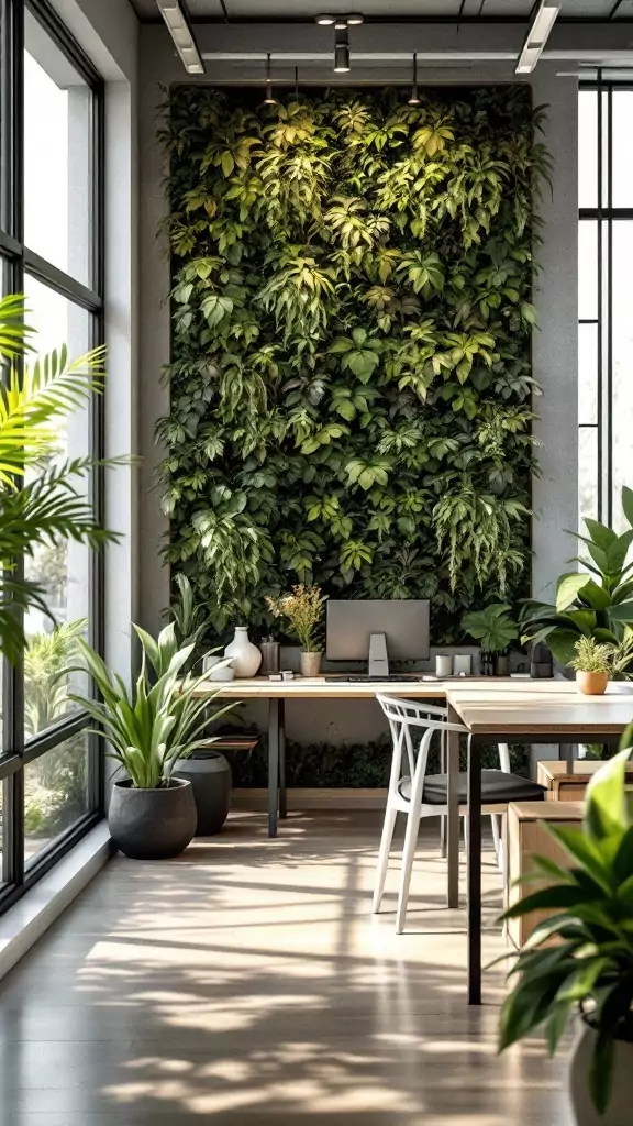 Modern cabin office featuring a vertical green wall and plants.