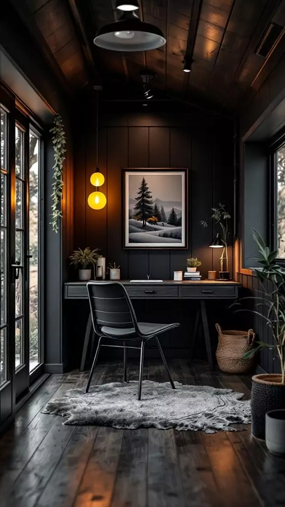 A modern black-and-wood office cabin with warm lighting and a stylish desk.