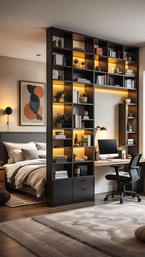 A stylish room featuring a bookcase that separates a bed from an office space.