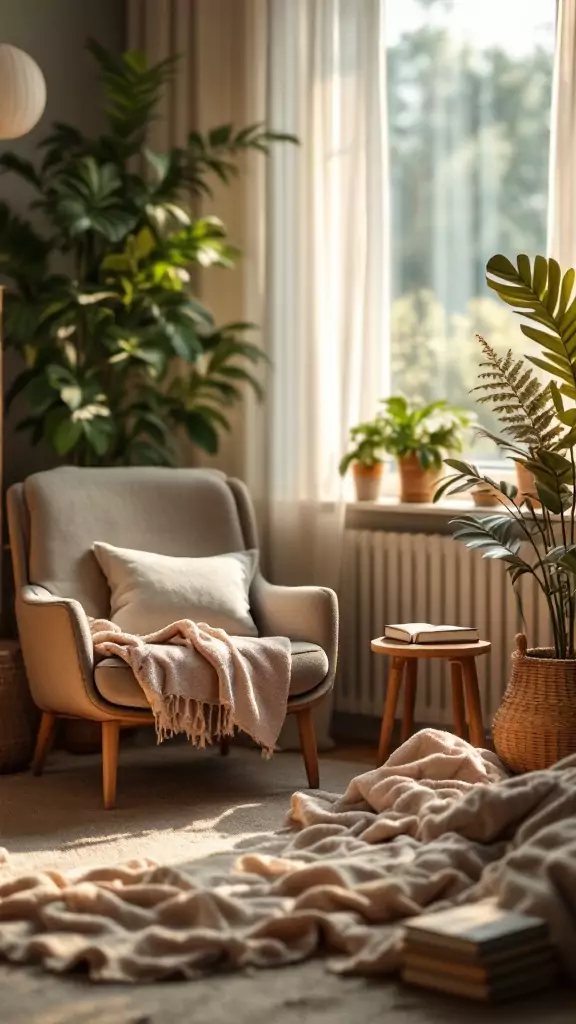 A cozy therapy office with an armchair, plants, and open books on a small table.