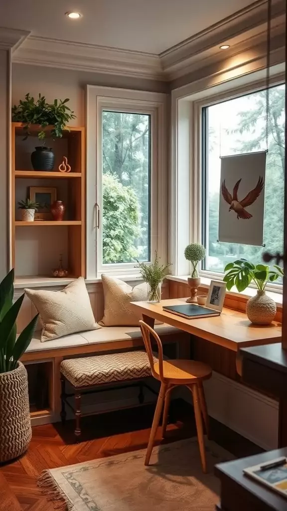 Cozy built-in window bench and desk combo in a stylish room