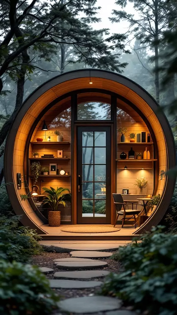 A modern cabin office with arched doorway and rounded edges surrounded by greenery.