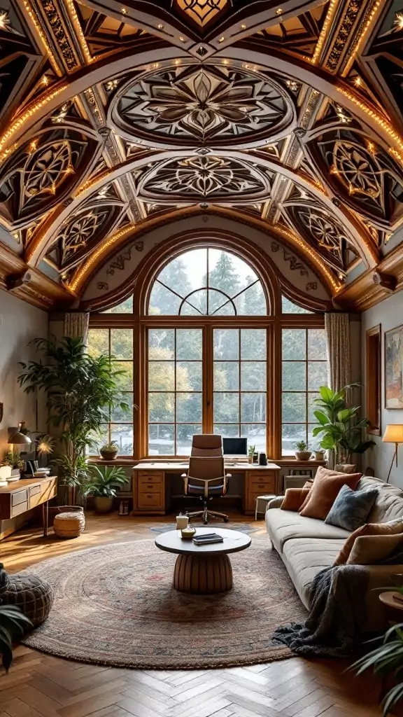 A cozy office cabin featuring an ornate ceiling, large windows, and warm wooden furnishings.