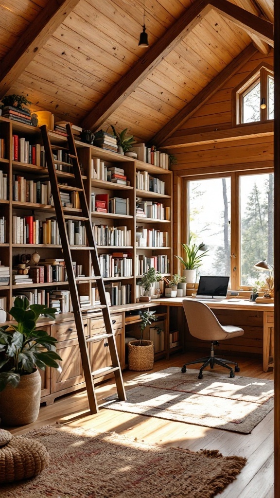 A cozy office cabin with built-in bookshelves, a ladder, and a desk, surrounded by natural light.