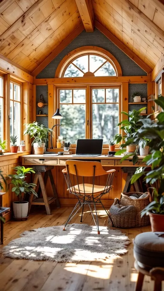 A cozy office cabin featuring an elevated desk platform, wooden interior, and plants.