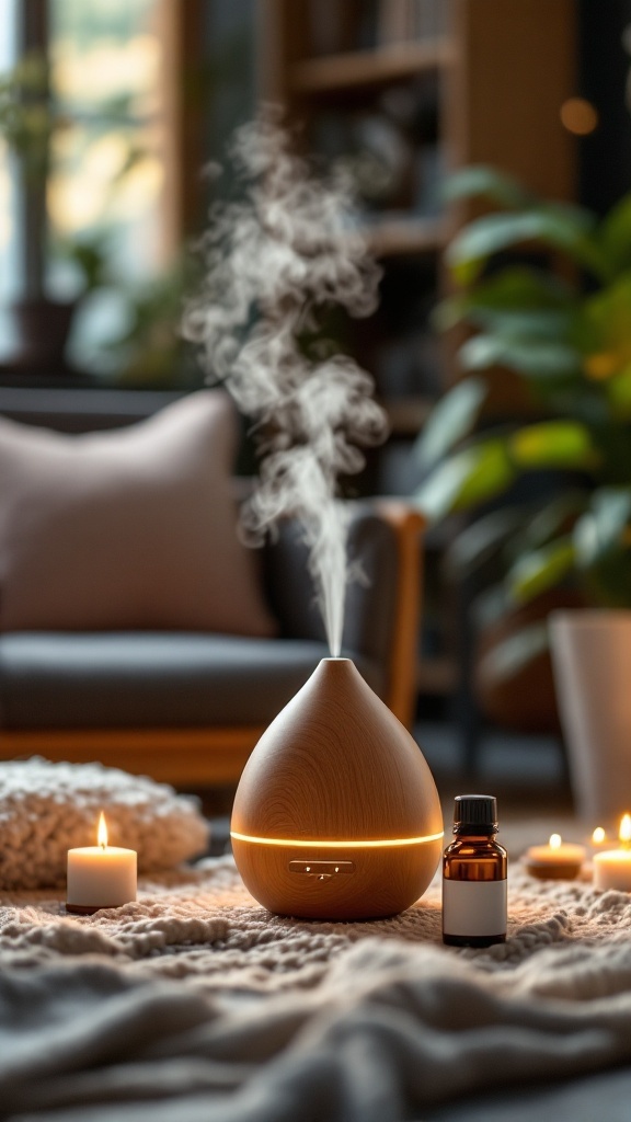 A calming aroma diffuser with essential oils in a cozy therapy office setting.