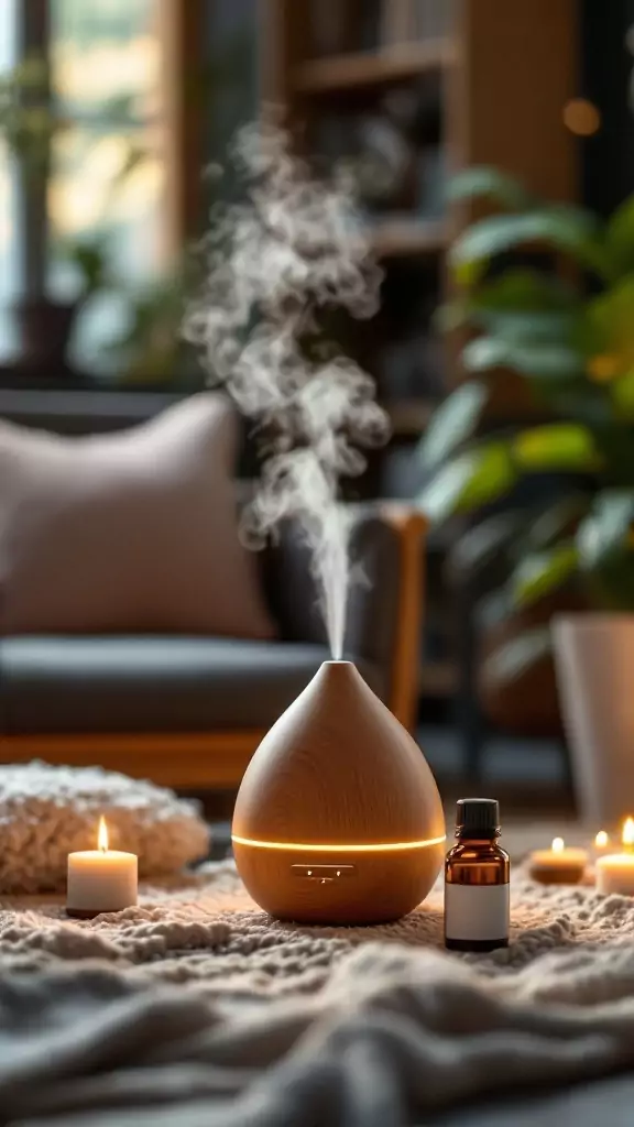 A calming aroma diffuser with essential oils in a cozy therapy office setting.