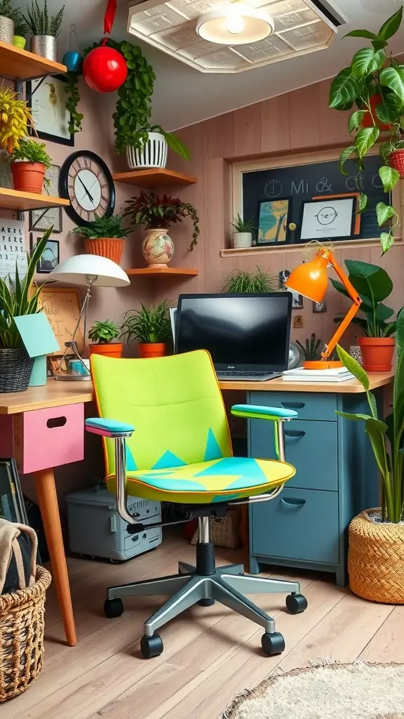 A colorful and quirky office chair in an eclectic home office setting