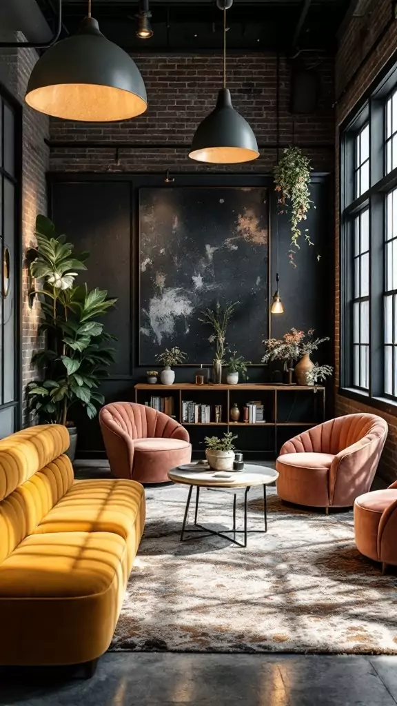 An eclectic office space featuring industrial and luxe elements with a cozy feel.