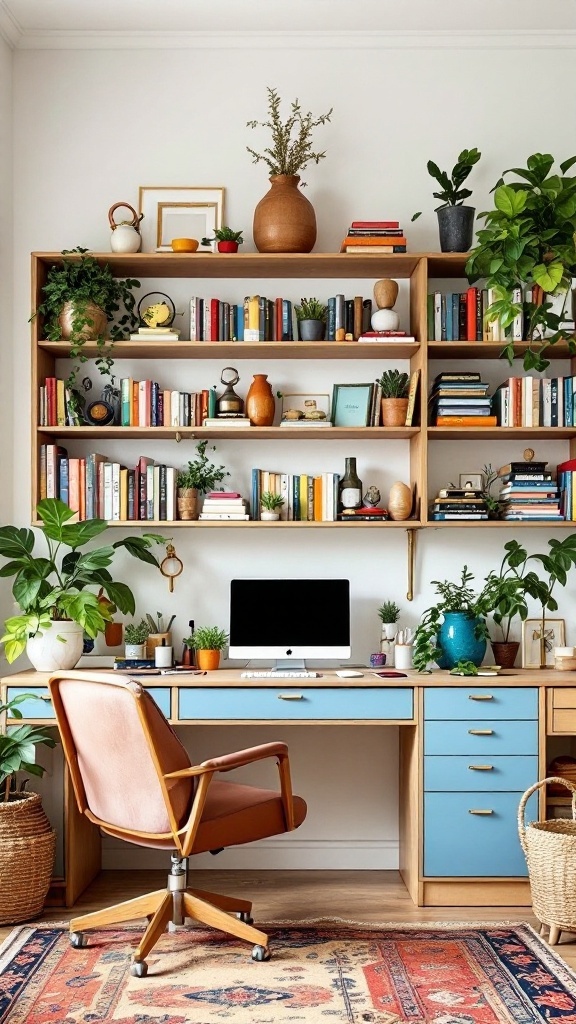 An eclectic home office with a mix of open and closed storage, featuring plants, books, and a stylish desk.