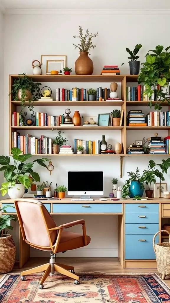 An eclectic home office with a mix of open and closed storage, featuring plants, books, and a stylish desk.