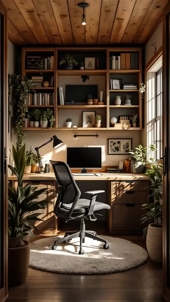 A compact corner office cabin featuring built-in storage, a desk, a chair, and plants, creating a cozy workspace.