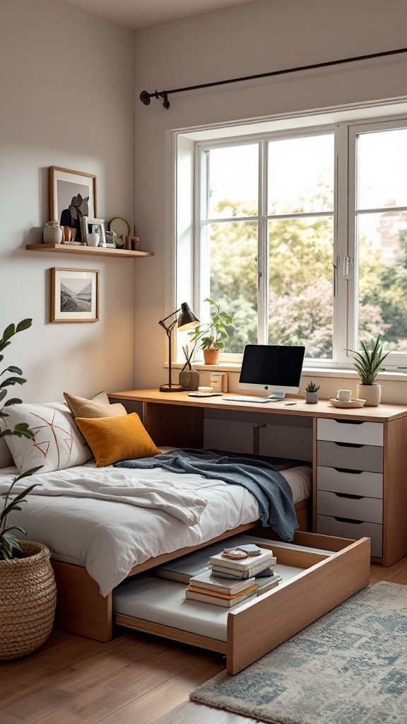 Compact corner desk with a twin trundle bed in a stylish office and spare bedroom space.