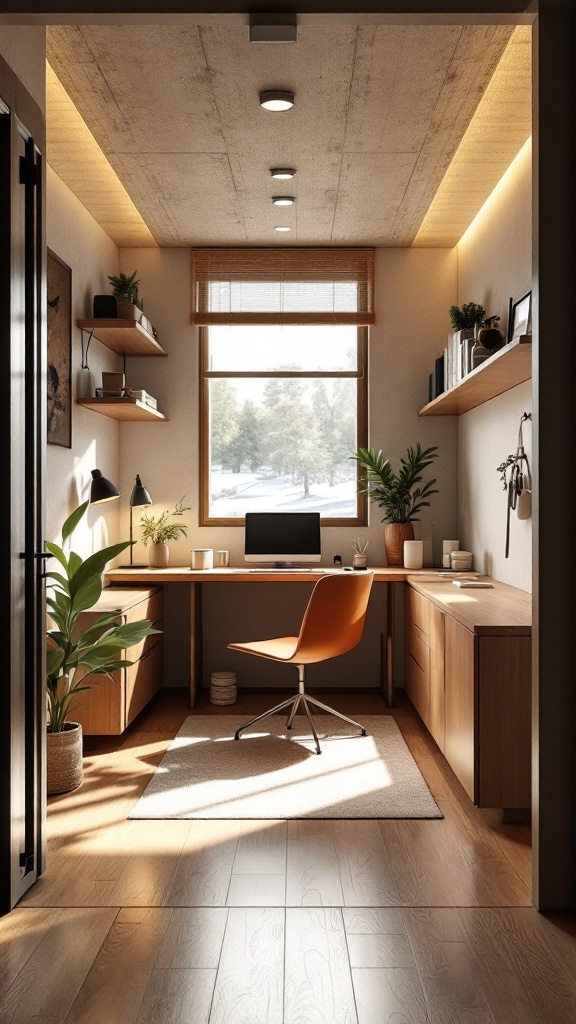 Modern office cabin with wooden furniture and hidden storage.