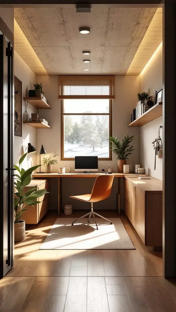 Modern office cabin with wooden furniture and hidden storage.