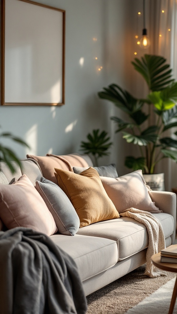A sofa adorned with various throw pillows in soft fabrics, creating a cozy atmosphere.