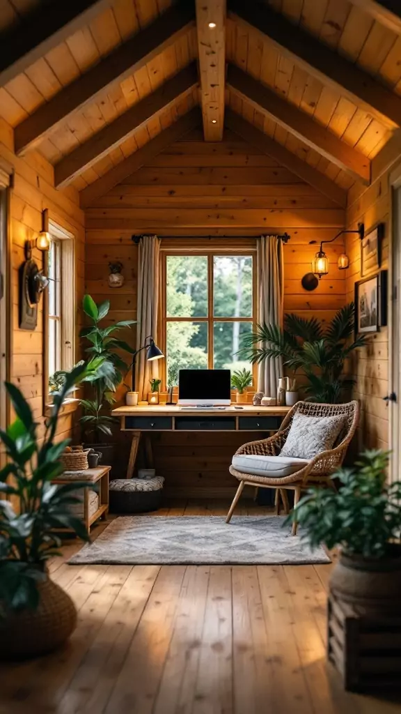 Cozy wood-clad cabin interior with warm lighting, a desk, computer, and plants.