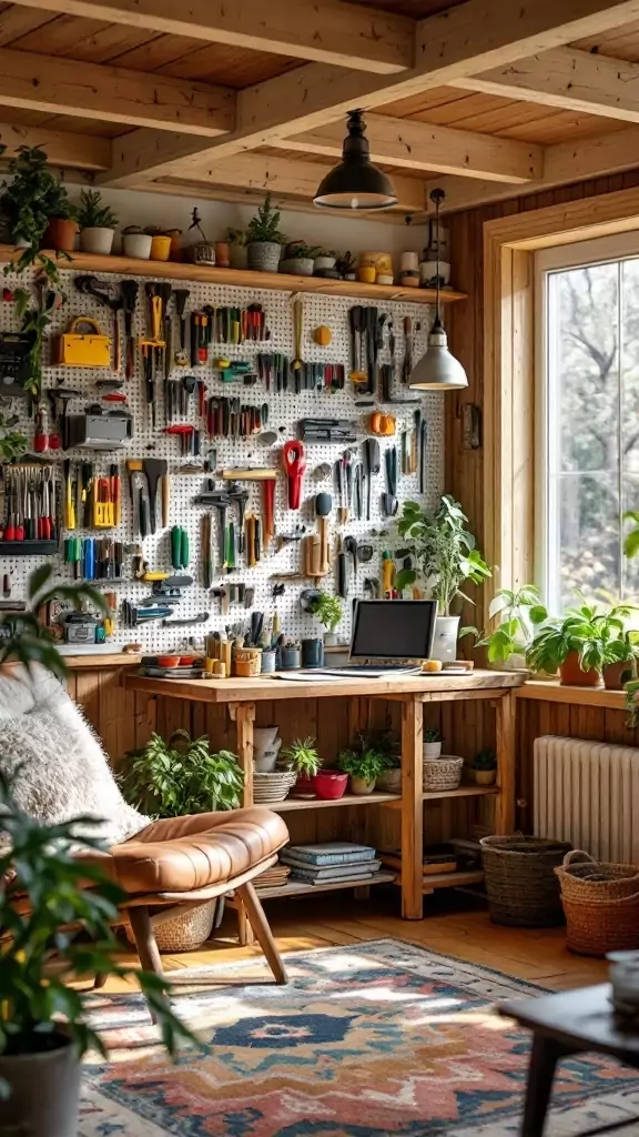 A cozy modern cabin office featuring a pegboard wall filled with colorful tools and plants.