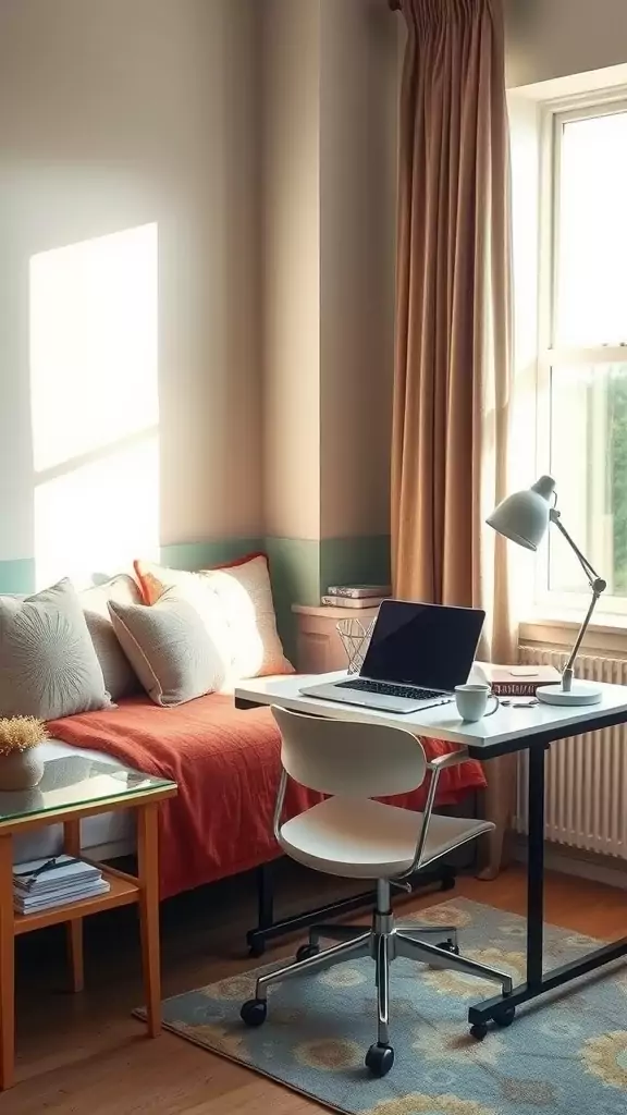 Cozy bedroom featuring a daybed with decorative pillows and a nearby side desk.