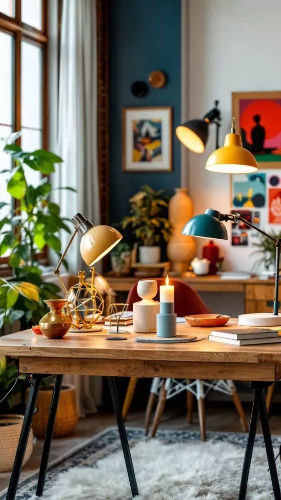 A collection of colorful and stylish table lamps on a wooden desk in a cozy office setting.
