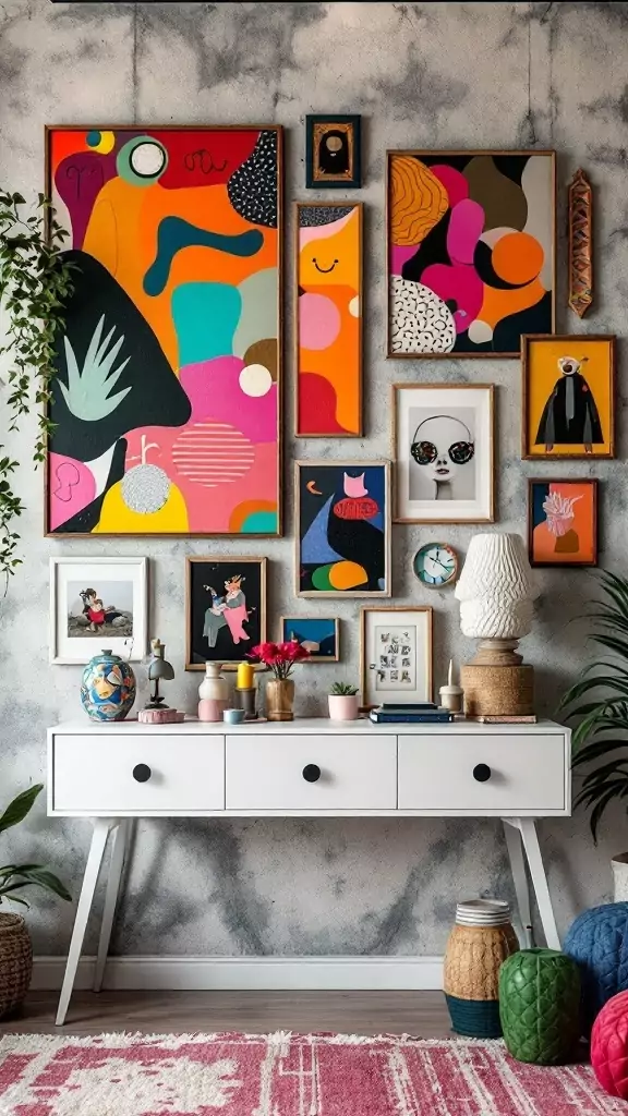 A colorful and eclectic display of wall art in a home office setting.