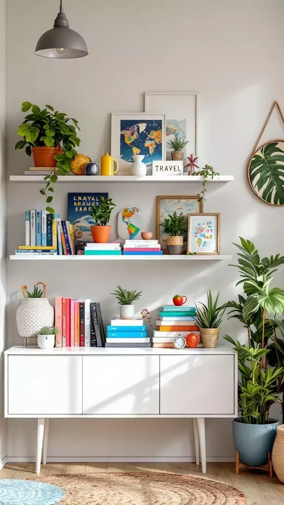 An organized shelf displaying travel souvenirs, plants, and colorful books.