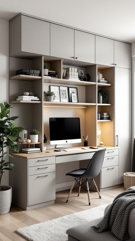 Stylish cabinet wall that combines office and bedroom elements.