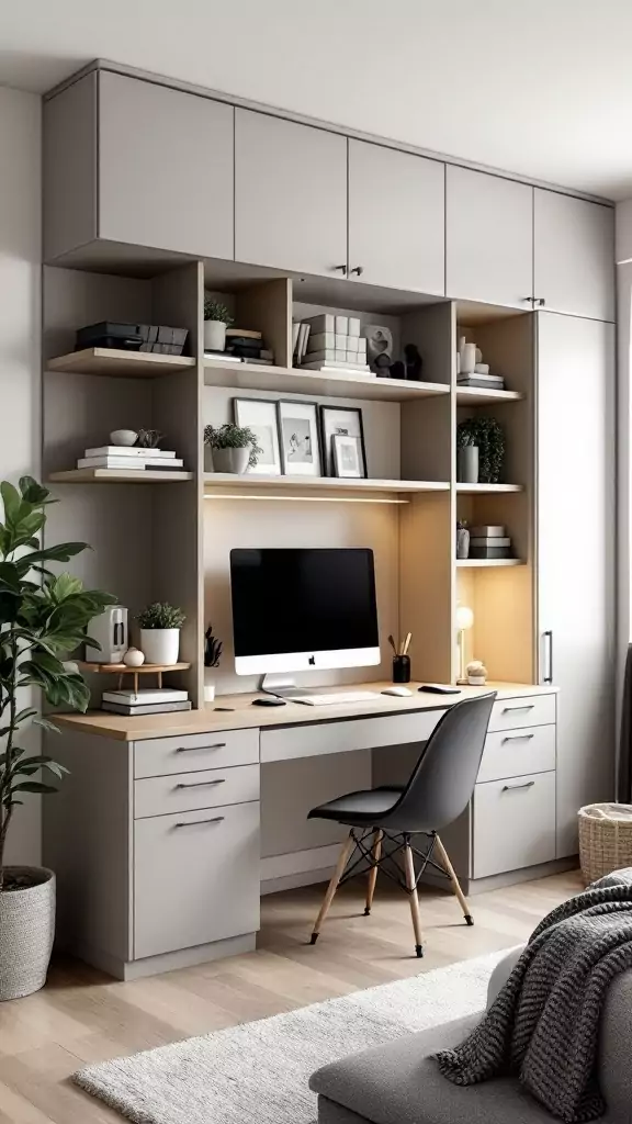 Stylish cabinet wall that combines office and bedroom elements.