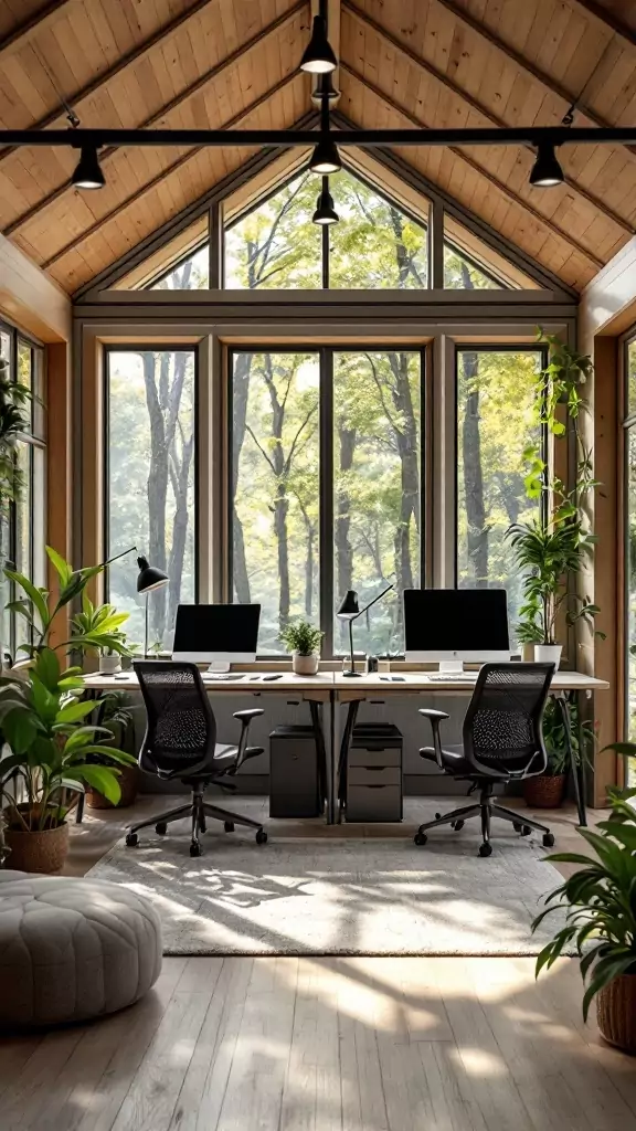 A bright dual-user office cabin with two workstations, plants, and large windows.